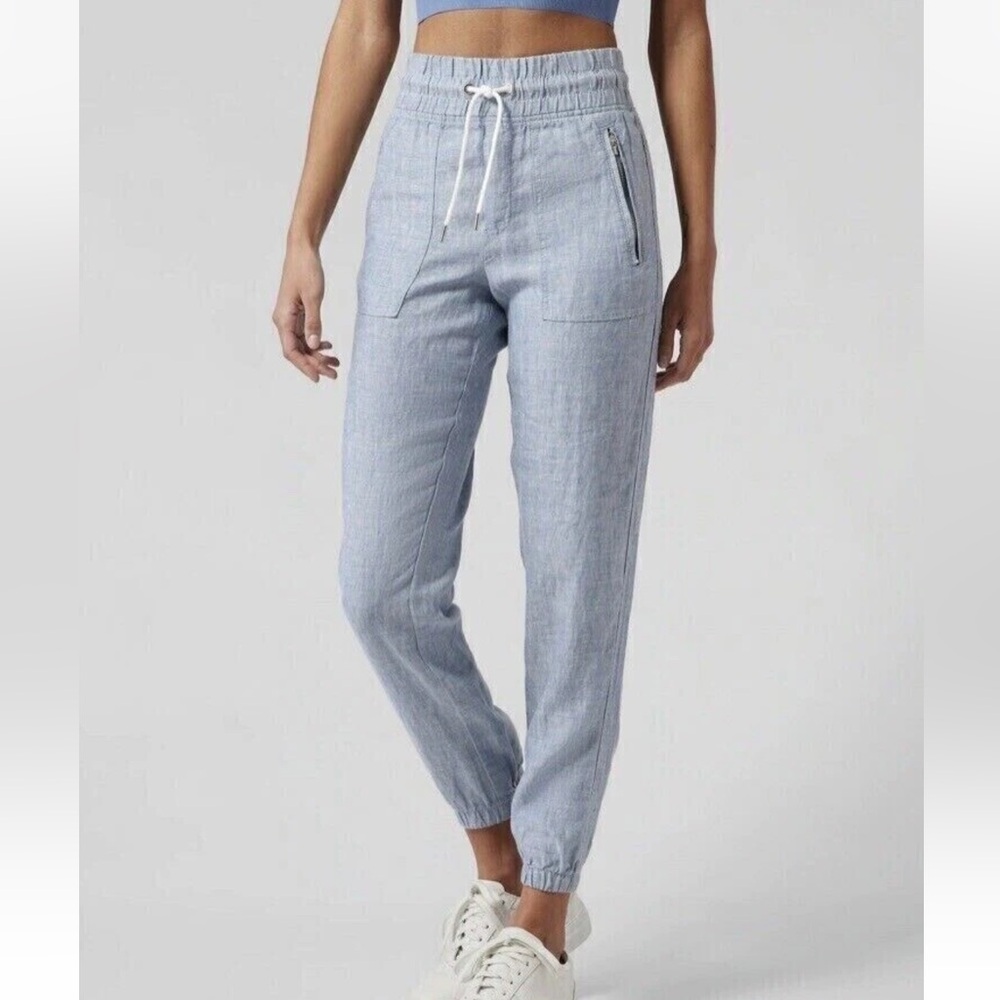 Athleta Women’s Cabo Linen Jogger Pants Blue Sz 16 Elastic Zip Pockets Pull On